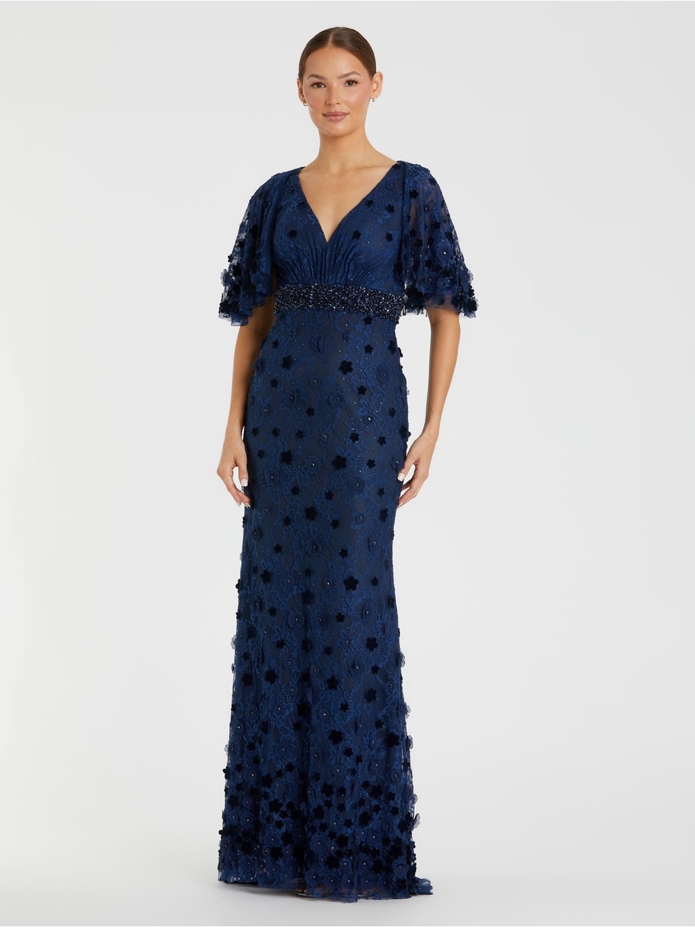 Mac Duggal 67712 Navy Flutter Sleeve Embellished Lace Gown Size 8 NWT